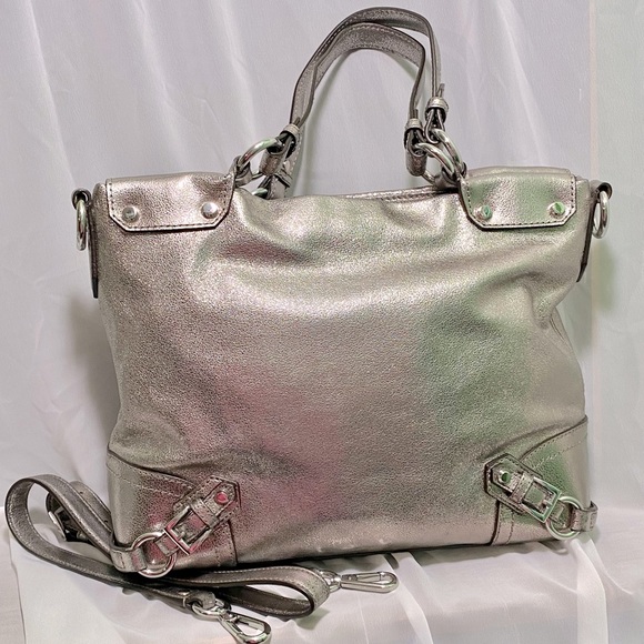 Authentic MICHAEL KORS Fallon Medium Nickel Satchel Leather Handbag - Picture 5 of 17
